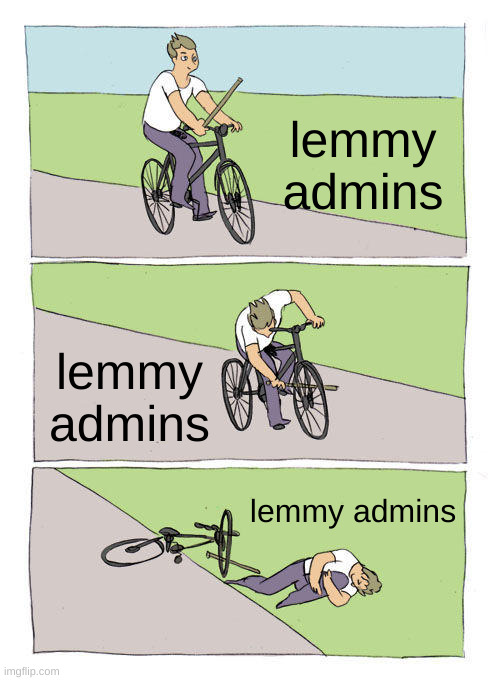 a 3 picture meme, all with lemmy admins on each picture. 1 picture of a kid riding a bike, 1 picture of the kid poking a stick in the front wheel, 1 picture of the kid on the ground 