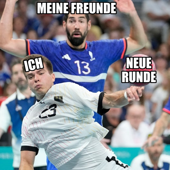 handballszene, in der der ball mit "neue runde" beschriftet ist, der angreifer mit "ich" und der verteidiger mit "meine freunde".