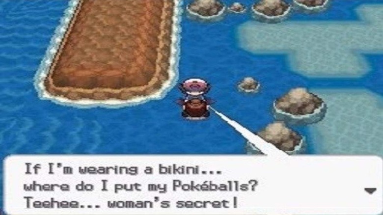 screenshot from a pokemon game with the dialogue "if I'm wearing a bikini, where do I put my pokeballs?Teehee... Woman's secret!"