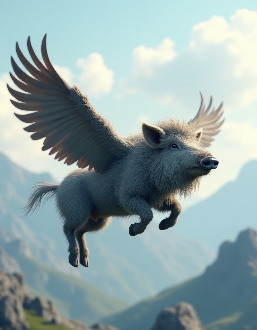 A winged boar in mid-flight against a backdrop of towering mountains and a blue sky. The boar has large, feathered wings spread wide, and its fur is gray in color.