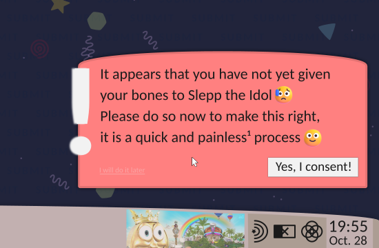 It appears that you have not yet given your bones to Slepp the Idol :( Please do so now to make this right, it is a quick and painless¹ process :)