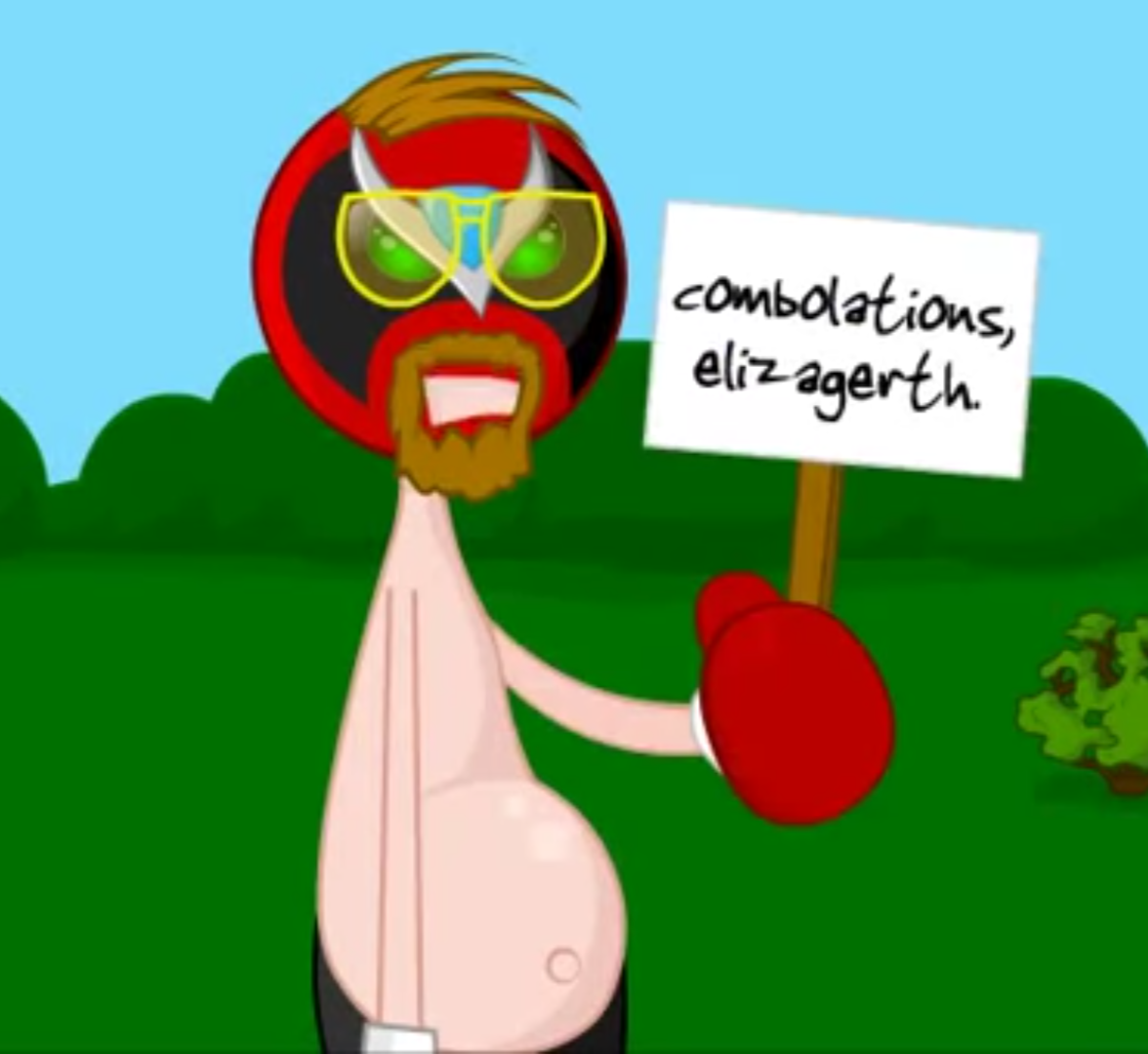 Senor Cardgage, from Homestar Runner, holding a sign that says, "Combolations, Elizagerth." 