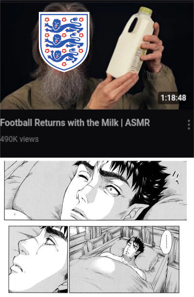 Edited Youtube video screenshot, titled "football returns with the milk | ASMR". Below are three pictures from a manga where a man wakes up and lets a tear roll down his cheek. 