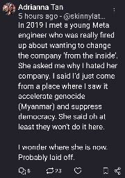 In 2019 I met a young Meta engineer who was really fired up about wanting to change the company ‘from the inside’. She asked me why I hated her company. I said I’d just come from a place where I saw it accelerate genocide (Myanmar) and suppress democracy. She said oh at least they won’t do it here. 

I wonder where she is now. Probably laid off.