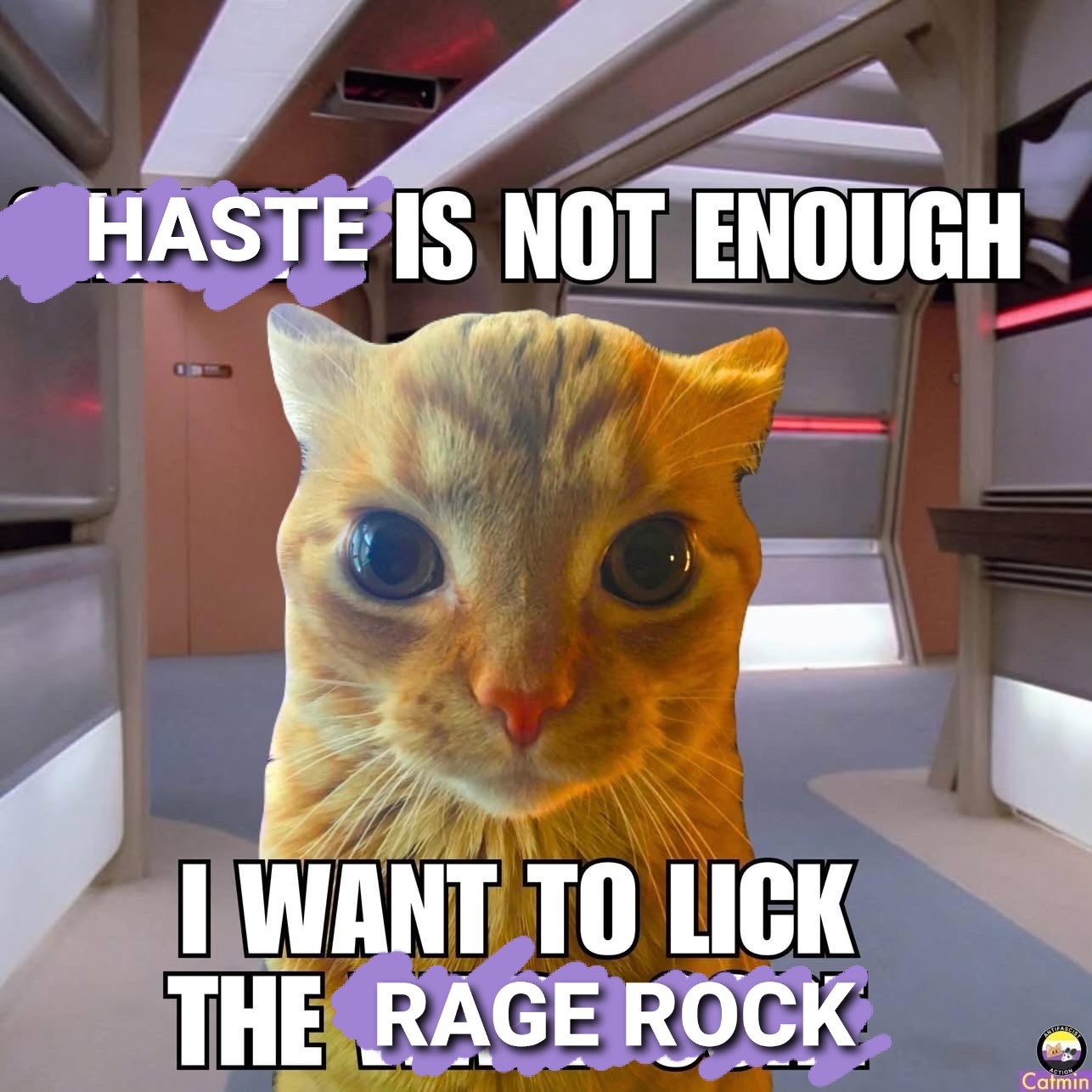 Top text: HASTE IS NOT ENOUGH Bottom text: I WANT TO LICK THE RAGE ROCK | Using the same meme format as Original Poster