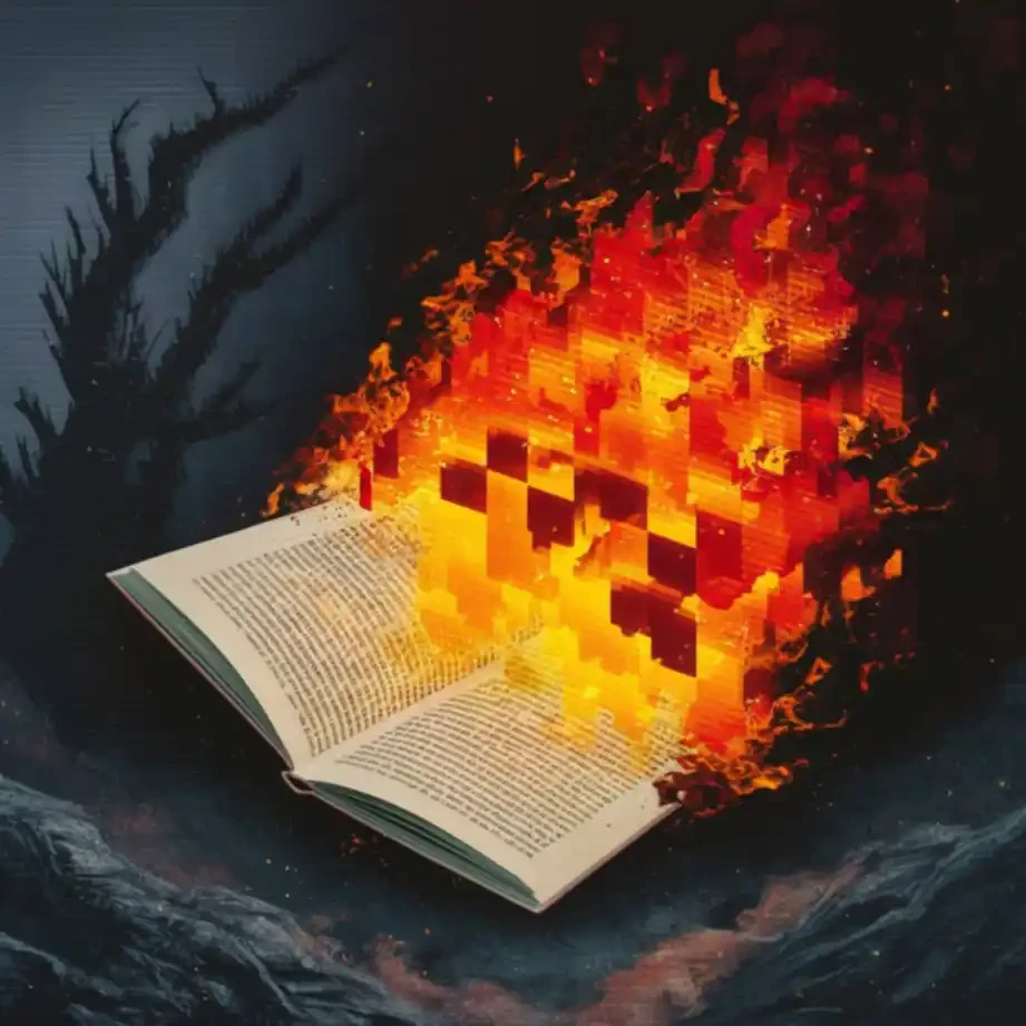 Immagine di un libro aperto che prende fuoco.
